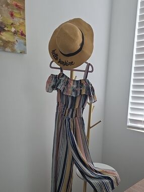 Knitworks Striped Off-Shoulder One-Piece Romper in Blue, Pink, Yellow, Cream